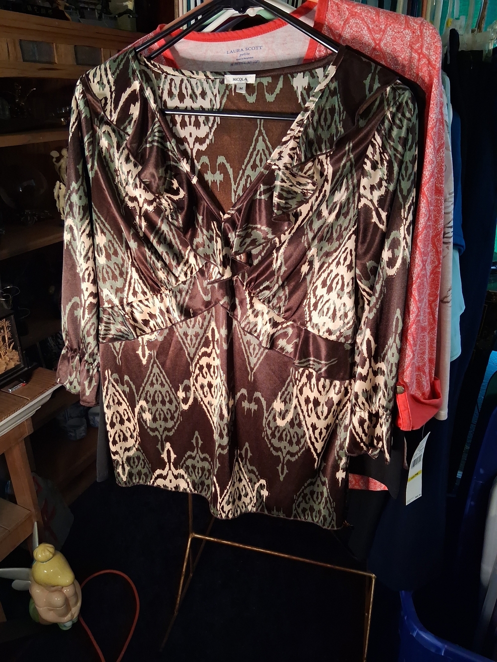 NICOLA Brown and Cream Ikat Satin V-Neck Blouse